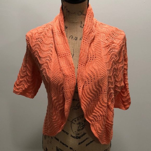 {INC International} Peach Open Front Crochet Shrug - Picture 2 of 7